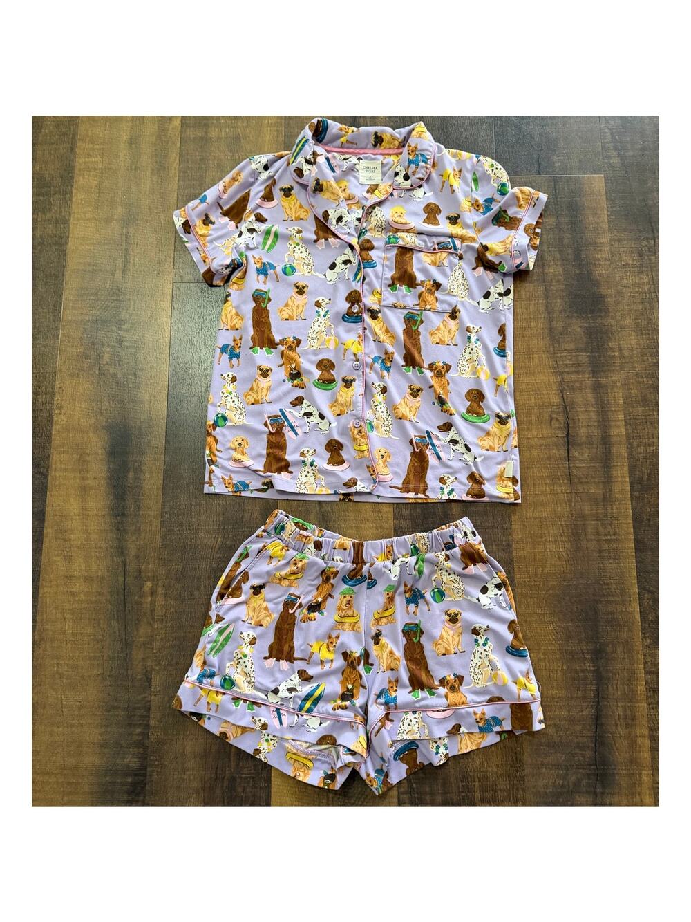 Chelsea Peers Dog Print Pajama Set Short Sleeve Button Top Shorts Size Small